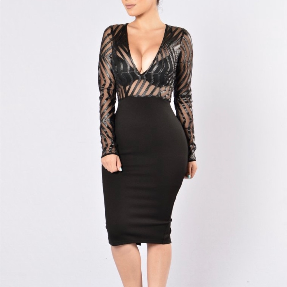 Black long sleeve faux leather see through midi dress